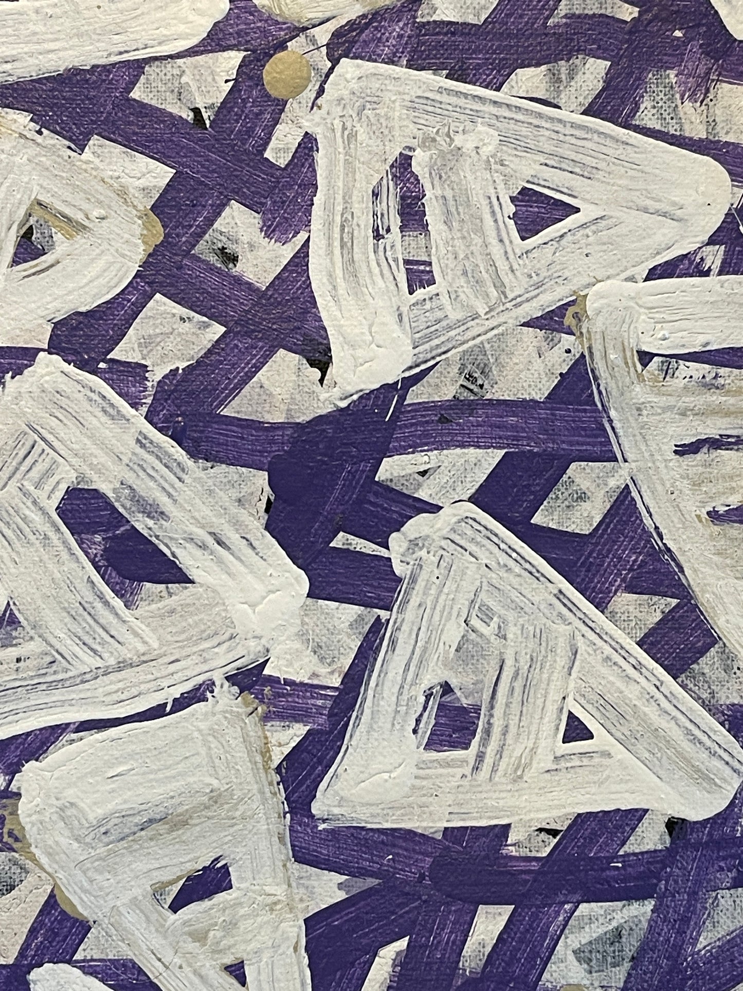 Close-up of a 30x30 painting by Emily Pwerle with a geometric pattern consisting of white, purple and beige colours, representing awelye or women's ceremonies.