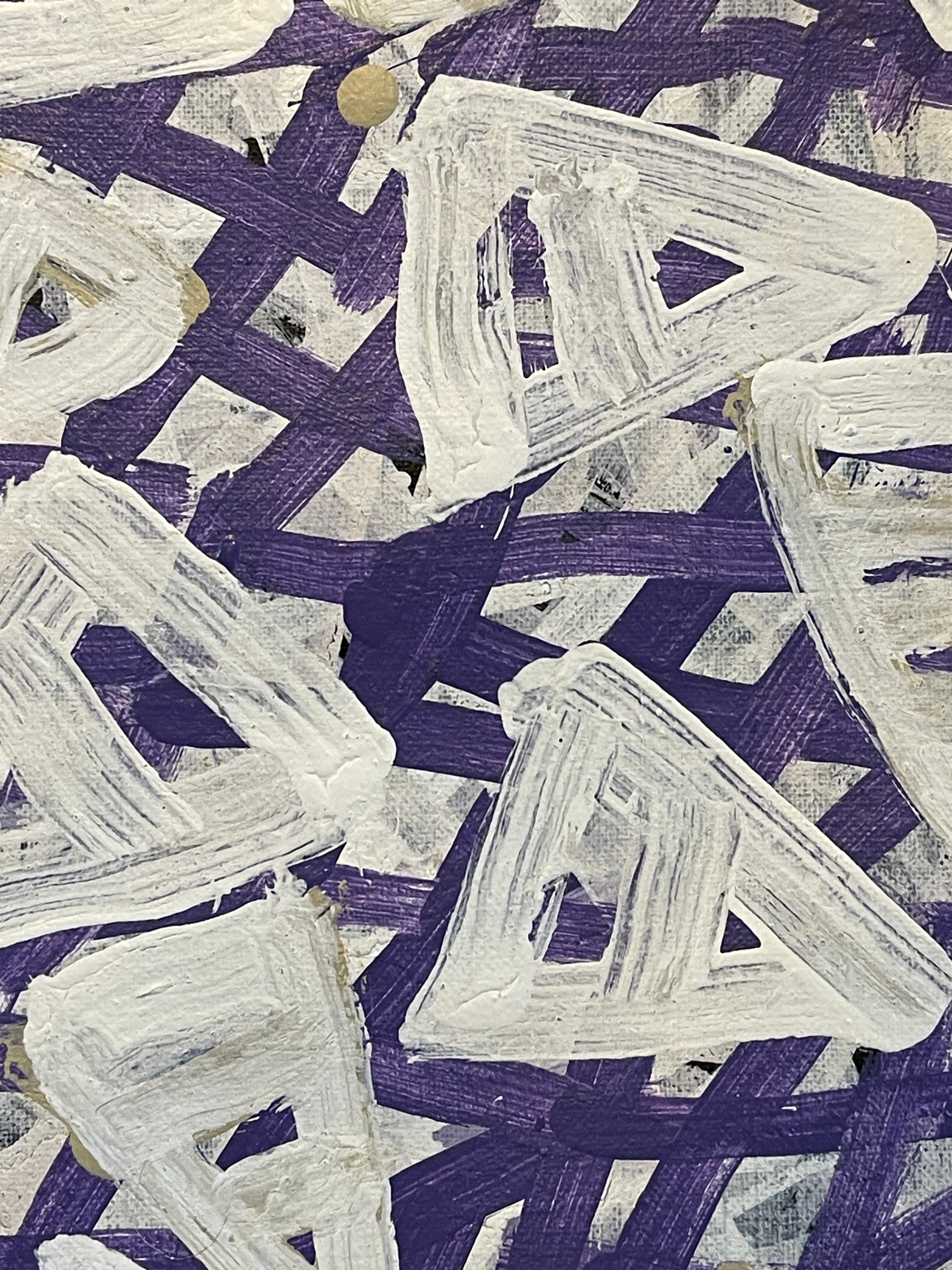 Close-up of a 30x30 painting by Emily Pwerle with a geometric pattern consisting of white, purple and beige colours, representing awelye or women's ceremonies.