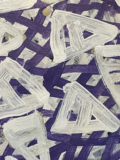 Close-up of a 30x30 painting by Emily Pwerle with a geometric pattern consisting of white, purple and beige colours, representing awelye or women's ceremonies.