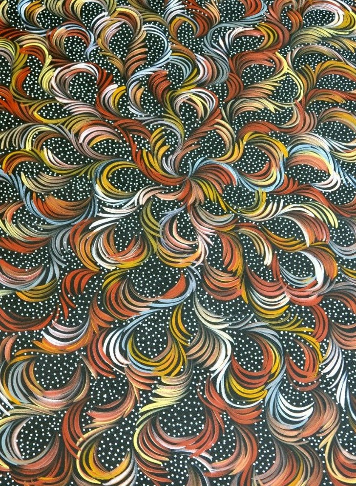 Close-up of a painting by Selina Numina Kamprina with colourful swirling lines and fine white dots on a black background.