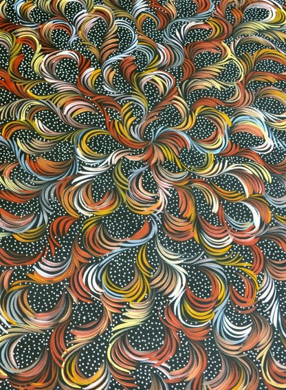Close-up of a painting by Selina Numina Kamprina with colourful swirling lines and fine white dots on a black background.