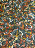 Close-up of a painting by Selina Numina Kamprina with colourful swirling lines and fine white dots on a black background.