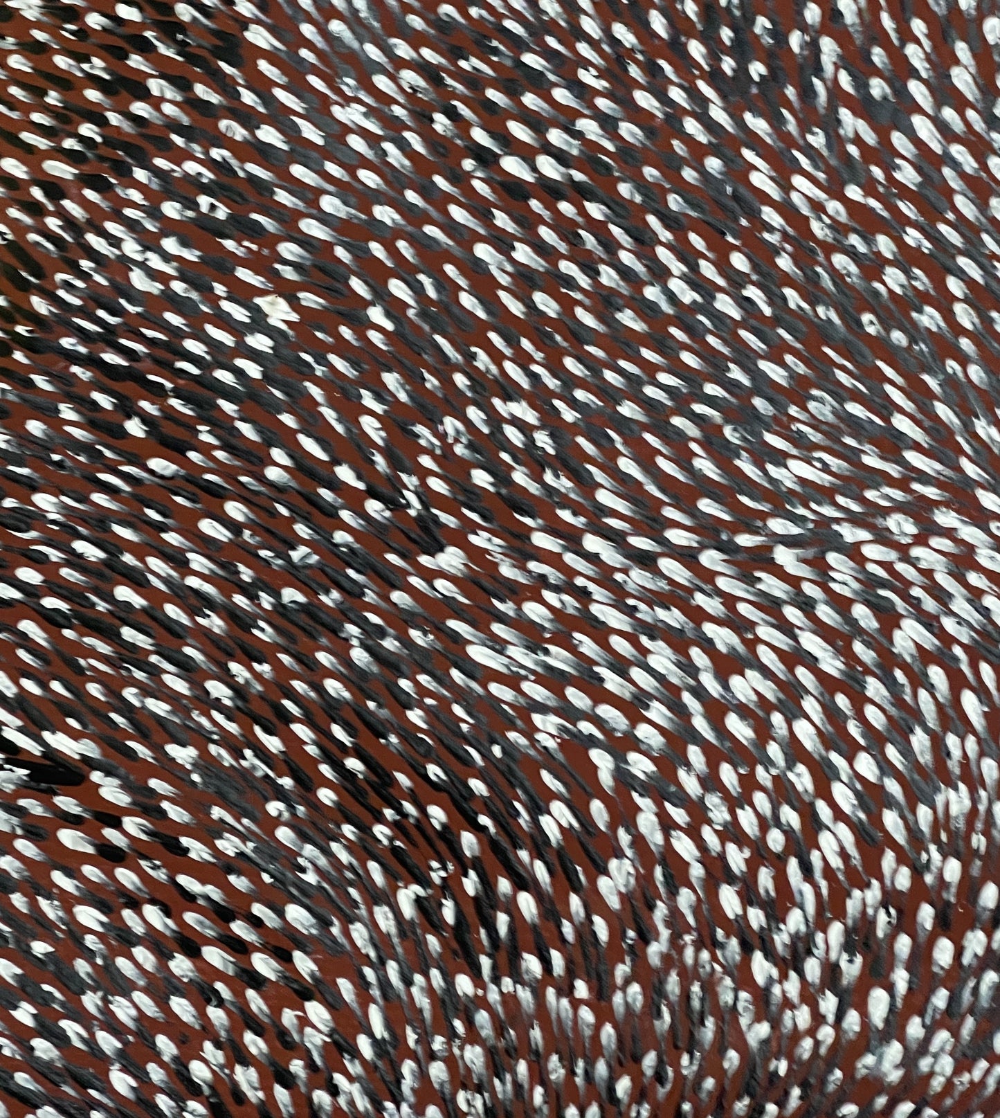 Close-up of a Tree Root Dreaming painting by Lynette Corby Nungurrayi with Maroon, white, and black colours.