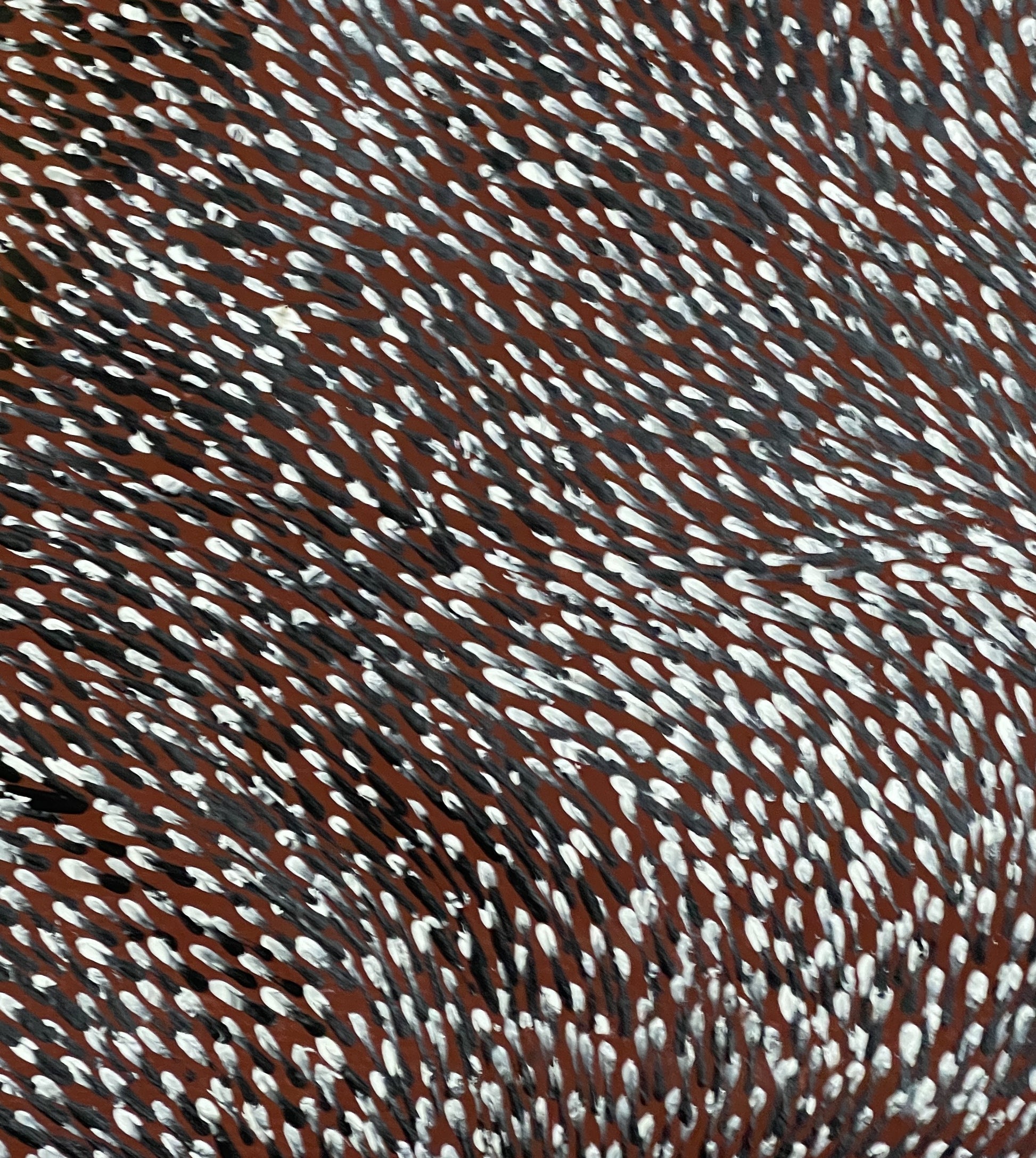 Close-up of a Tree Root Dreaming painting by Lynette Corby Nungurrayi with Maroon, white, and black colours.