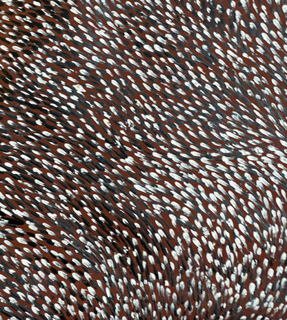 Close-up of a Tree Root Dreaming painting by Lynette Corby Nungurrayi with Maroon, white, and black colours.