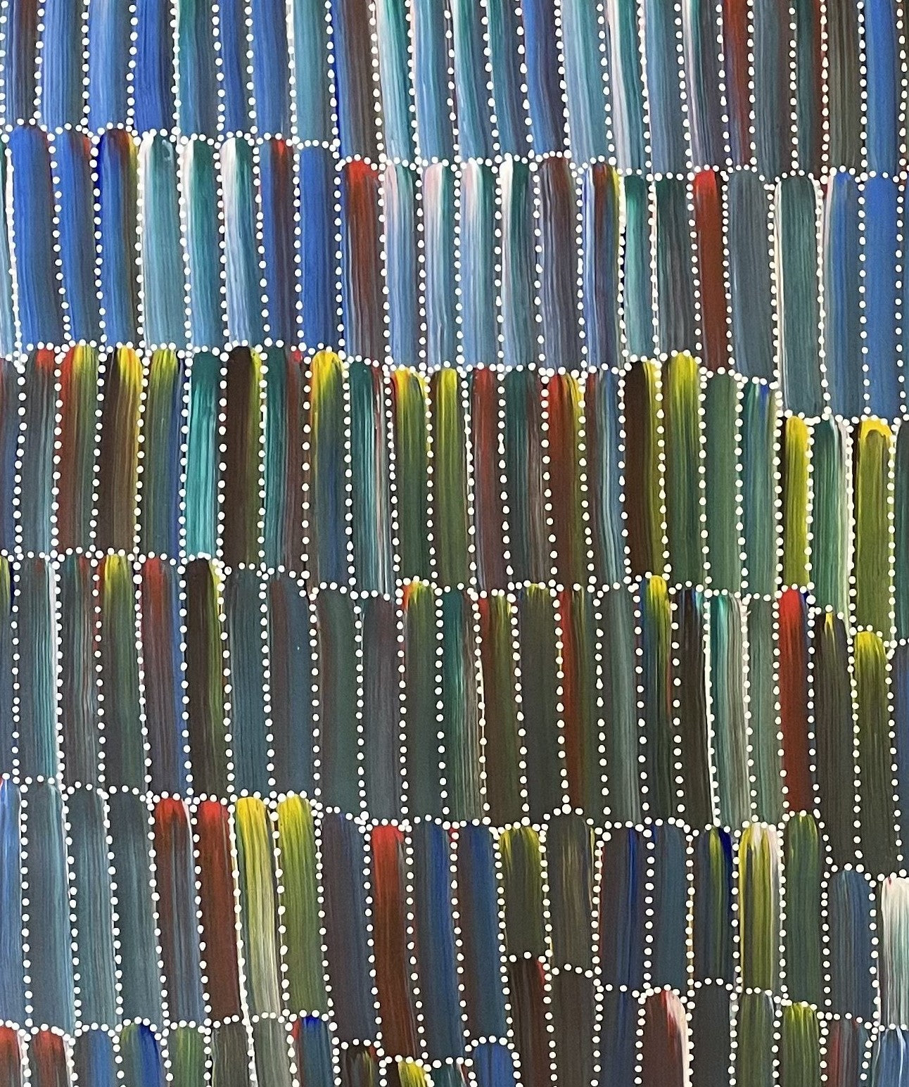 Close-up view of a painting by Jeannie Mills Pwerle, 90x60cm.