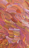Close-up of a painting by Jedda Purvis Kngwarreye with wavy brush strokes in pink, orange, yellow and white.