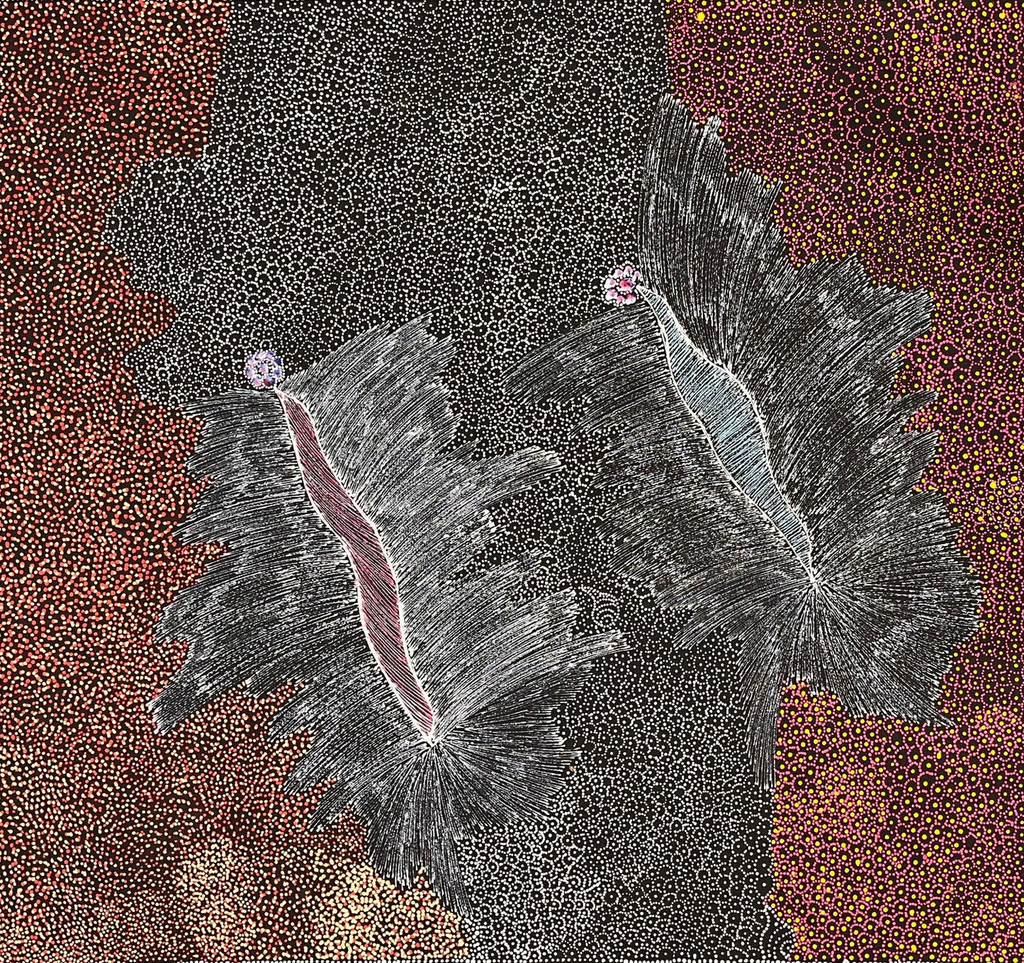 A painting by Jedda Purvis Kngwarreye featuring various colours including pink, black, yellow and white, with a focus on textured patterns and lines.