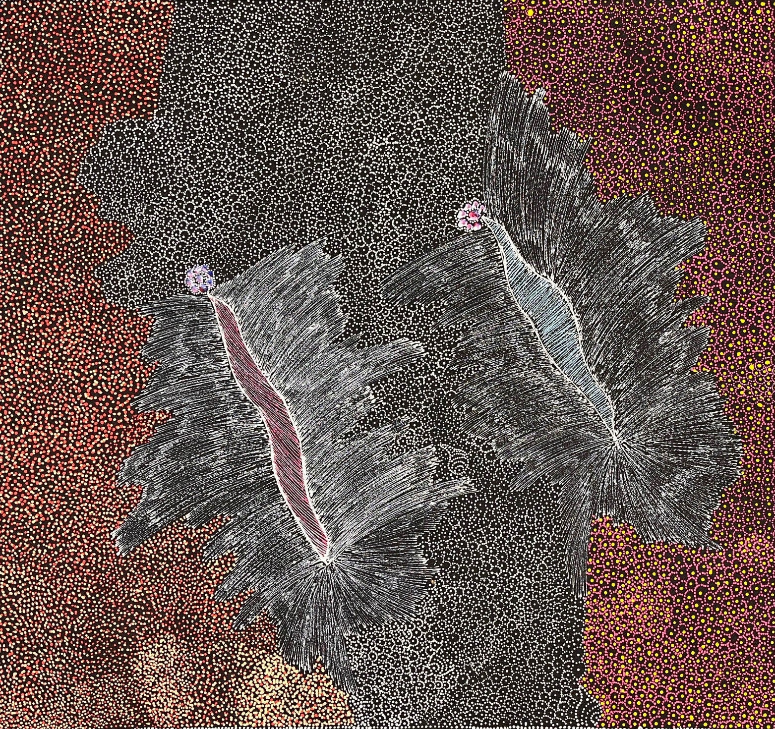A painting by Jedda Purvis Kngwarreye featuring various colours including pink, black, yellow and white, with a focus on textured patterns and lines.