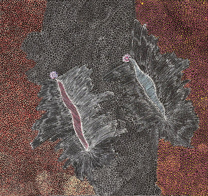 A painting by Jedda Purvis Kngwarreye featuring various colours including pink, black, yellow and white, with a focus on textured patterns and lines.