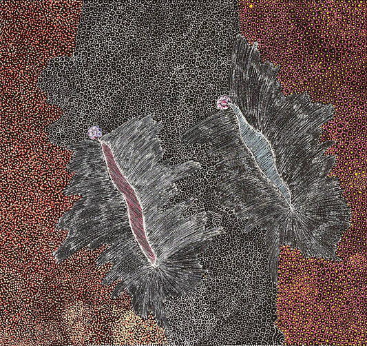A painting by Jedda Purvis Kngwarreye featuring various colours including pink, black, yellow and white, with a focus on textured patterns and lines.