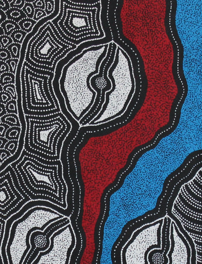 Close-up of a painting by Delvine Pitjara with intricate patterns in red, blue and white dots on black.