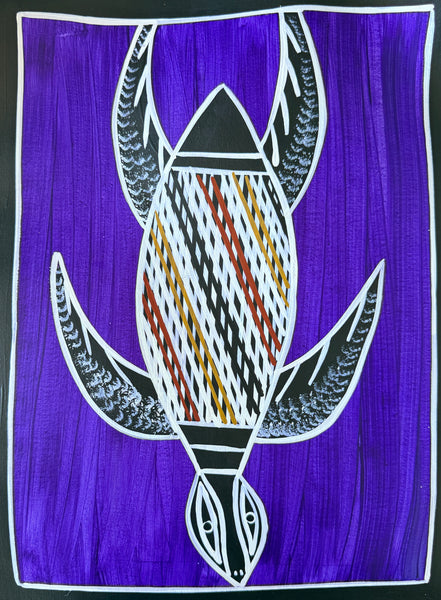 Artwork by Christine Burarrwanga depicting a sea turtle with traditional rarrk patterns on a purple background.
