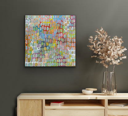 A colourful abstract painting by Betty Morton featuring a pattern of leaf-like shapes in a variety of colours.