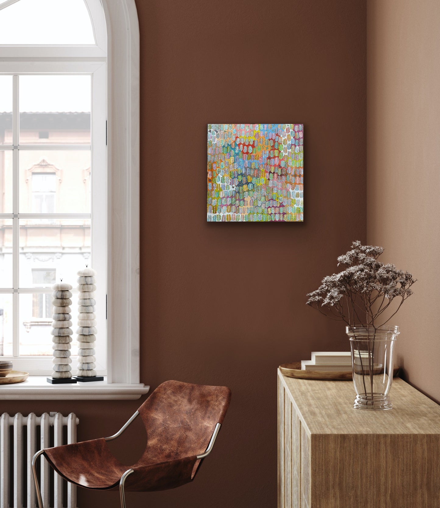 A colourful abstract painting by Betty Morton featuring a pattern of leaf-like shapes in a variety of colours.