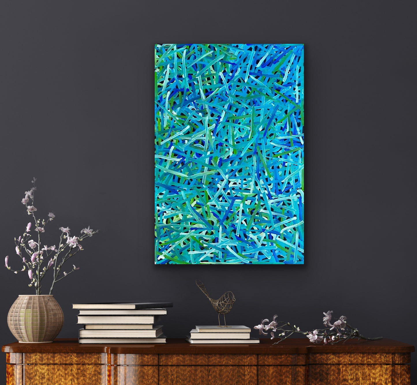A painting by Betty Club Mbitjana in predominantly blue and green hues.