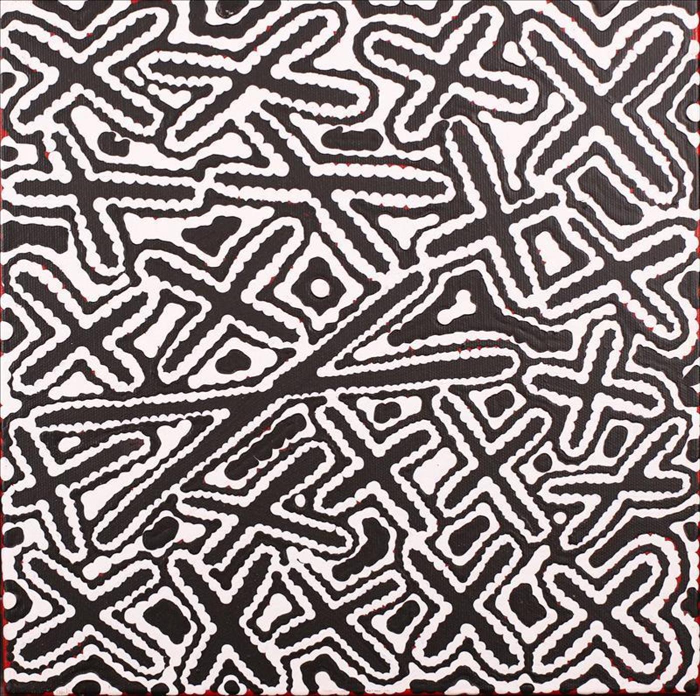 A black and white acrylic painting by Kenneth Jungarrayi Martin depicting abstract geometric patterns, representing the 'Ngatijirri Jukurrpa' dreamtime story.