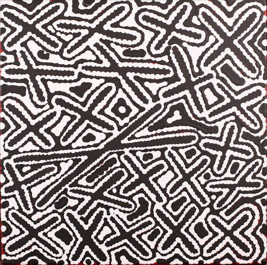 A black and white acrylic painting by Kenneth Jungarrayi Martin depicting abstract geometric patterns, representing the 'Ngatijirri Jukurrpa' dreamtime story.