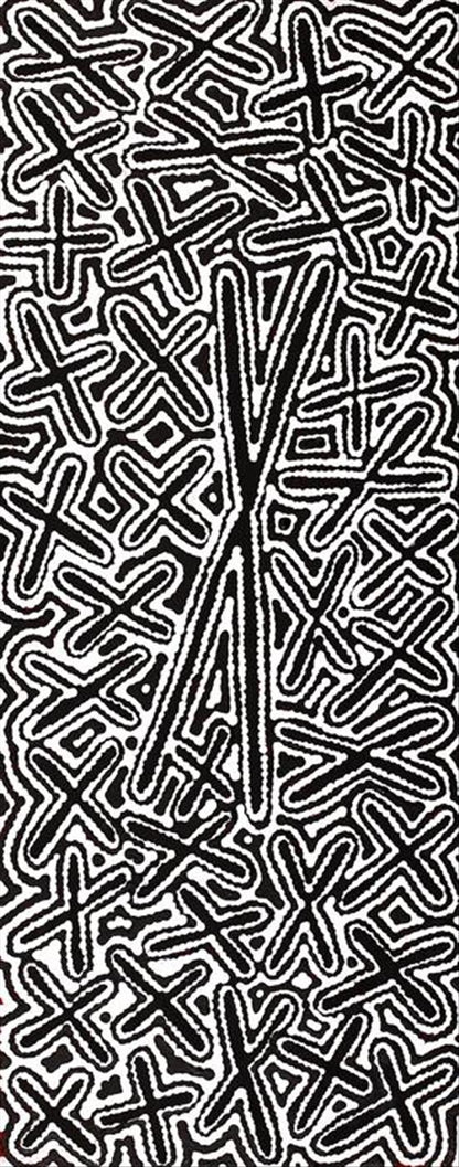 A black and white geometric pattern artwork on canvas by Kenneth Jungarrayi Martin, representing the 'Budgerigar Dreaming'.