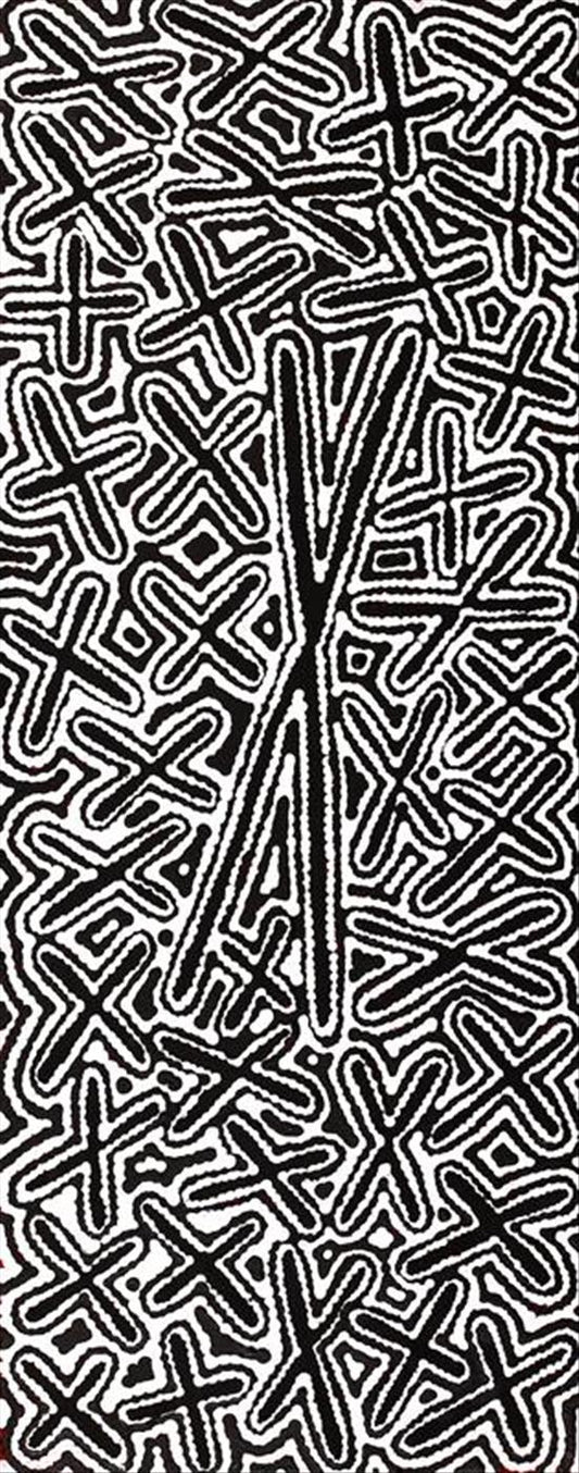 A black and white geometric pattern artwork on canvas by Kenneth Jungarrayi Martin, representing the 'Budgerigar Dreaming'.