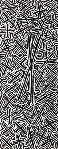 A black and white geometric pattern artwork on canvas, representing the 'Budgerigar Dreaming' by Kenneth Jungarrayi Martin.