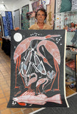 Eddie Blitner holding his 'Million dollar fish' painting 94x144cm