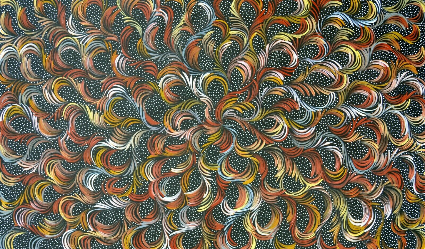 A canvas painting by Selina Numina featuring a geometric pattern with swirling lines in a variety of colors.