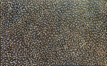 Abie Loy Kemarre 'Bush Medicine Leaf' painting Orange, Black and White 95x150cm