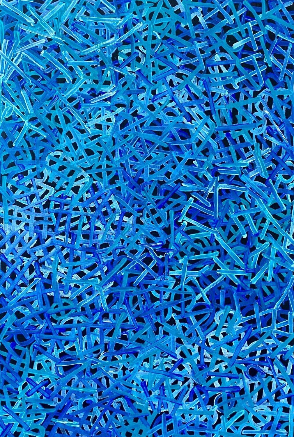 A painting by Betty Club Mbitjana in predominantly blue and aqua hues.