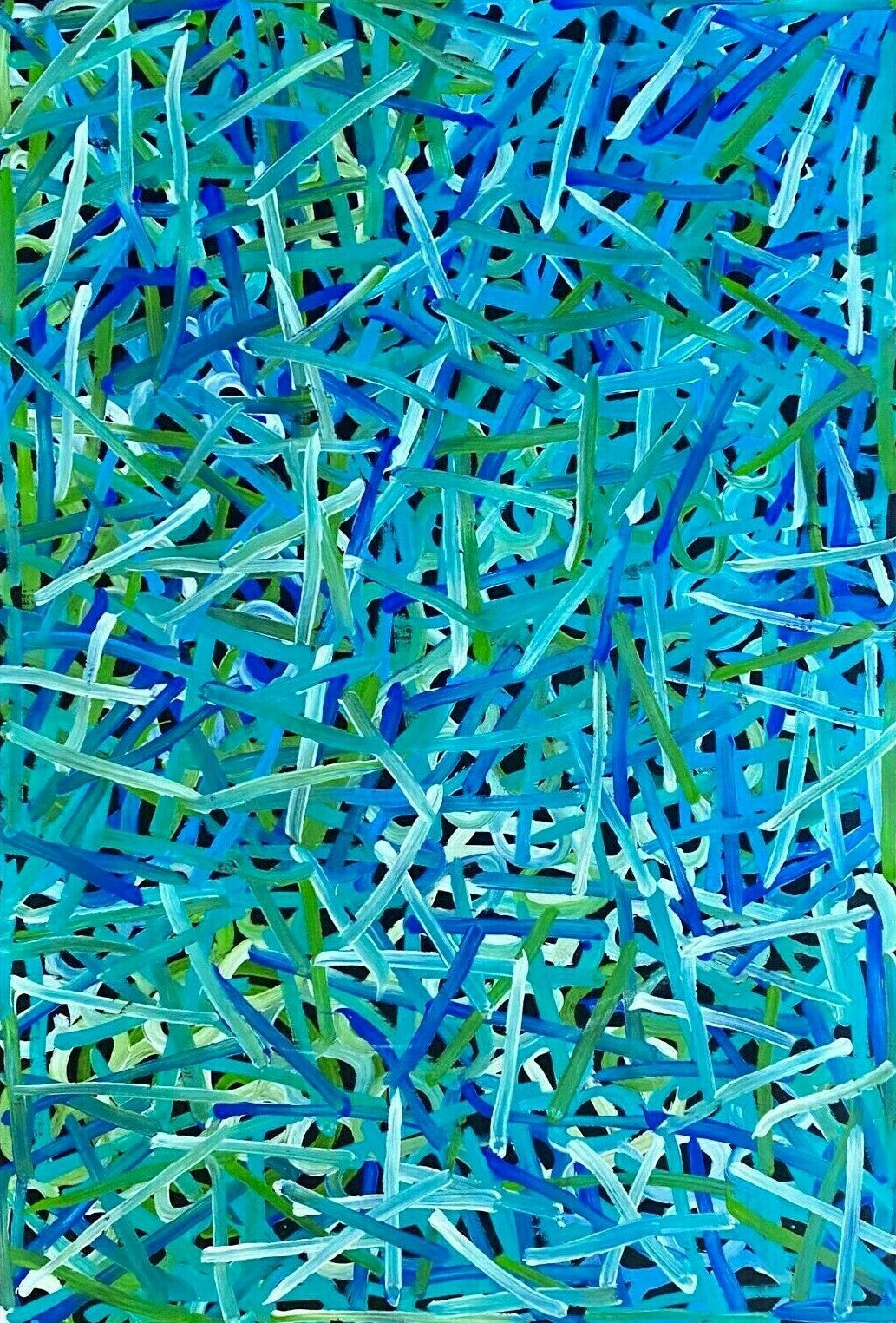 A My Mother's Dreaming painting by Betty Club Mbitjana with predominantly blue and green hues.