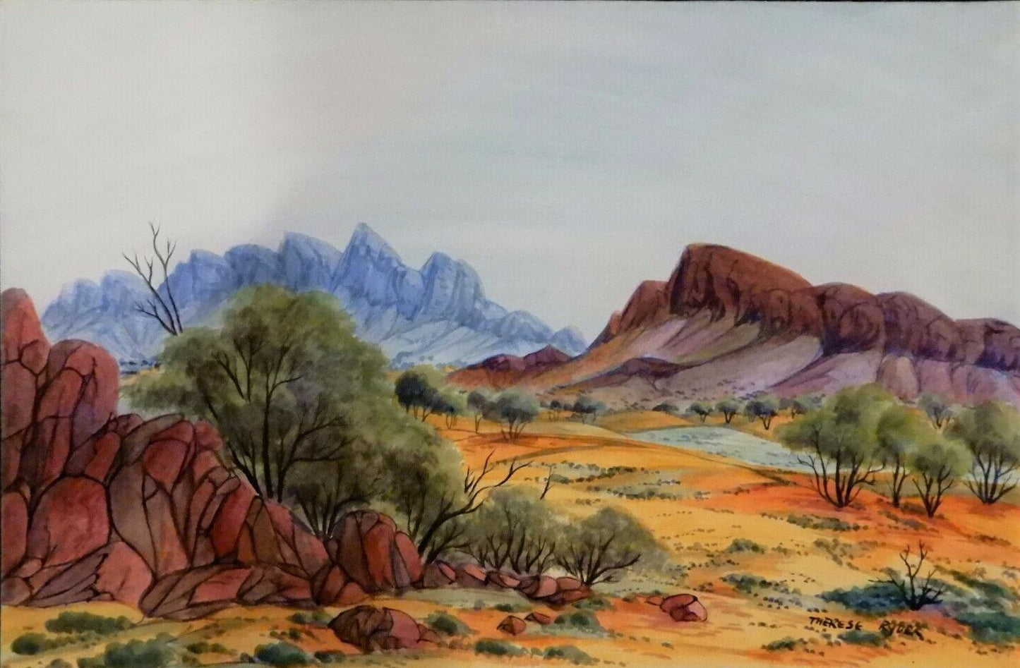 A watercolor painting by Therese Ryder depicting a landscape with mountains, rocks, and vegetation.