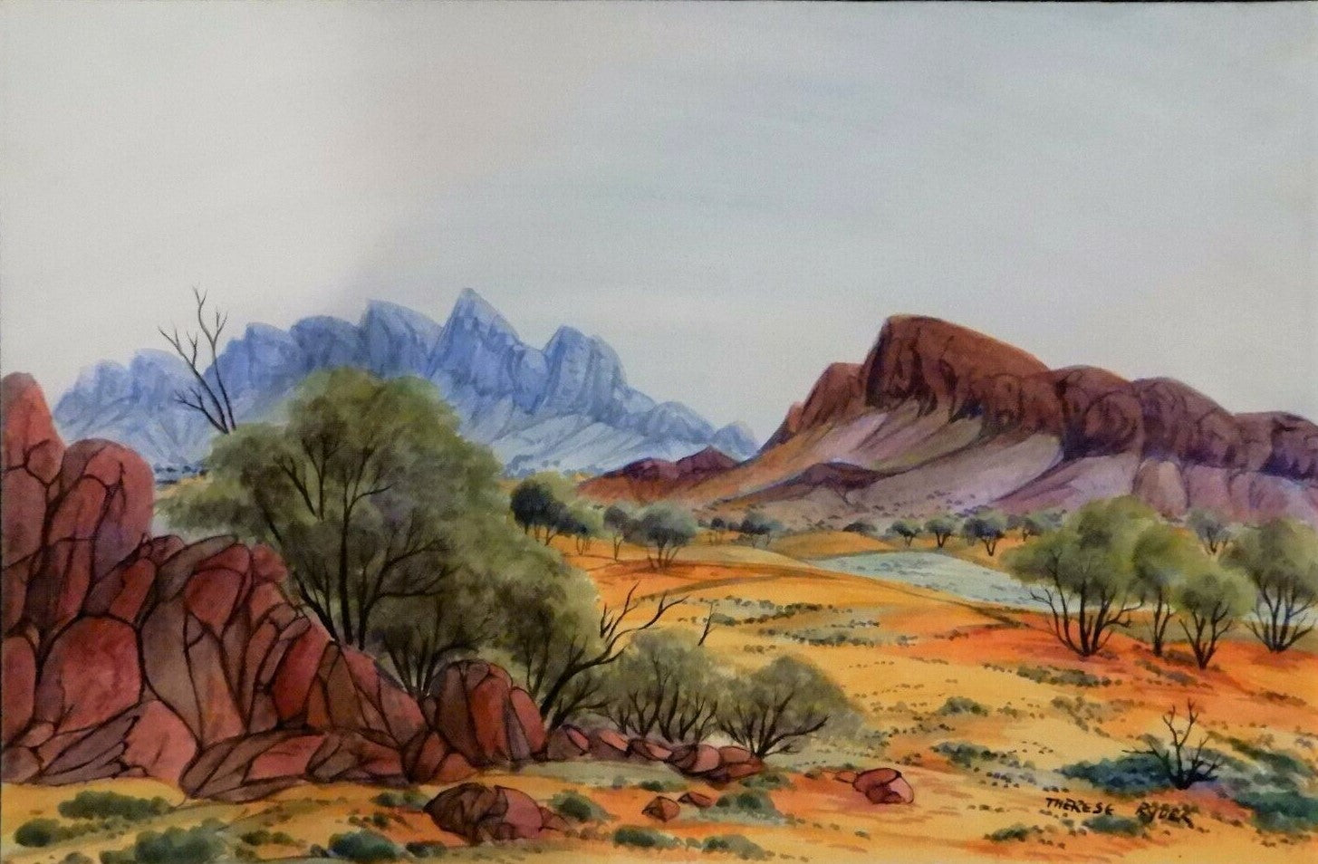 A watercolor painting by Therese Ryder depicting a landscape with mountains, rocks, and vegetation.