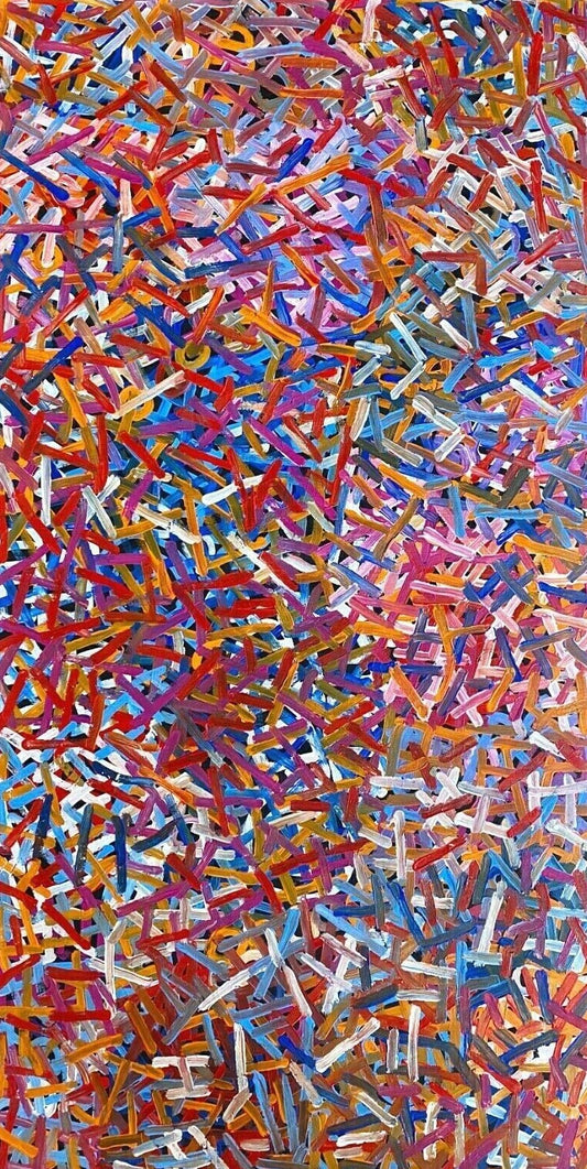 A vibrant multicoloured painting by Betty Club Mbitjana. 120x60cm