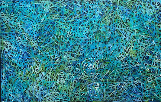 An awelye painting by Betty Club Mbitjana in blue, green, aqua and white colours.