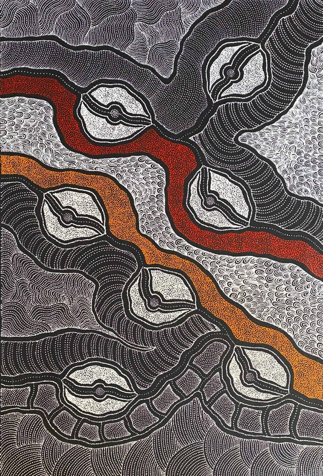 A 'My Country' painting by Delvine Pitjara 90x60cm White Black Red Orange