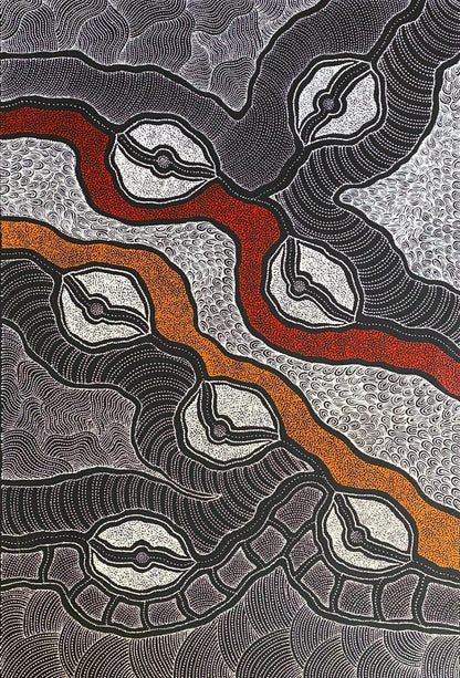 A 'My Country' painting by Delvine Pitjara 90x60cm White Black Red Orange