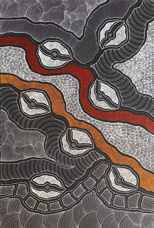 A 'My Country' painting by Delvine Pitjara 90x60cm White Black Red Orange