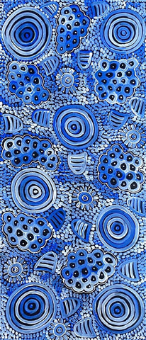 Dulcie Long Pula 'Awelye-Atnwengerrp (Body Paint)' painting 102x44cm Blues White