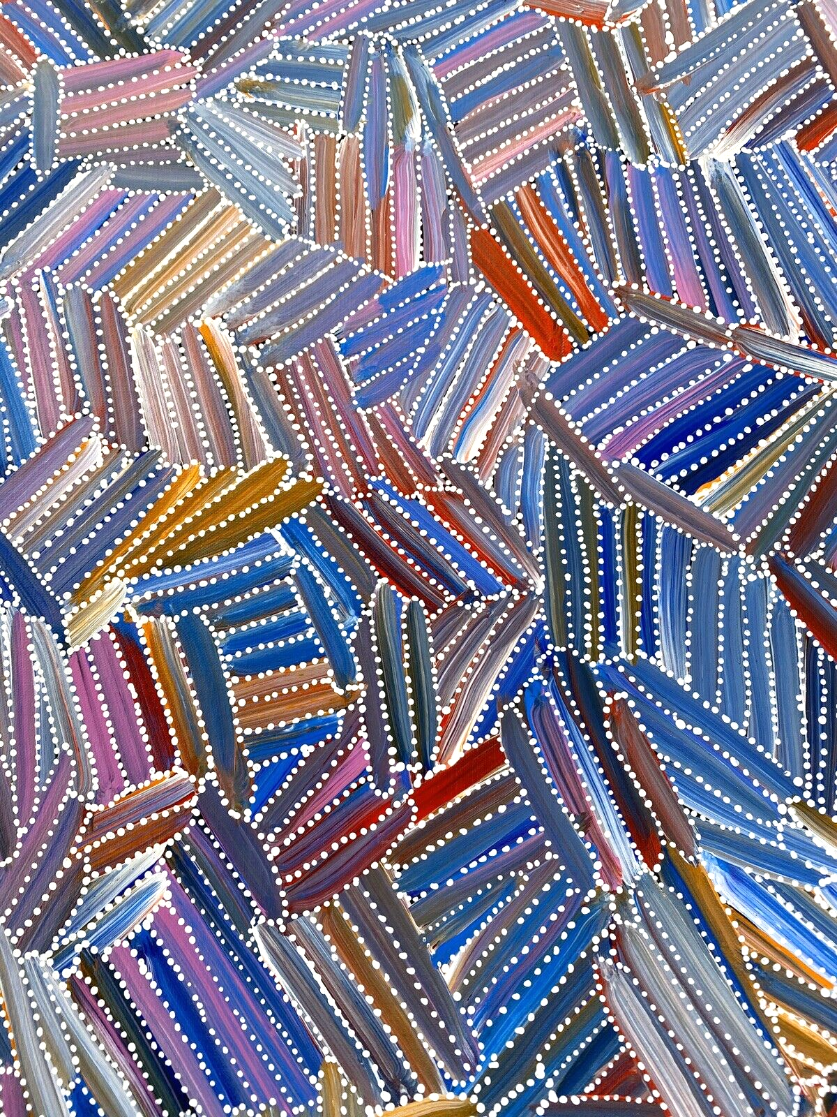 Close-up of a pencil yam painting by Jedda Purvis Kngwarreye representing the Dreaming 'Kame', an important plant in Utopia.