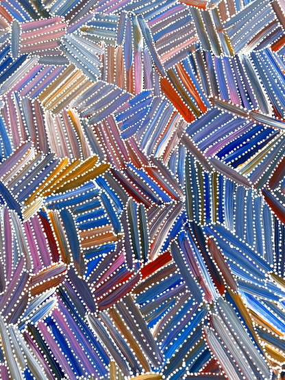 Close-up of a pencil yam painting by Jedda Purvis Kngwarreye representing the Dreaming 'Kame', an important plant in Utopia.