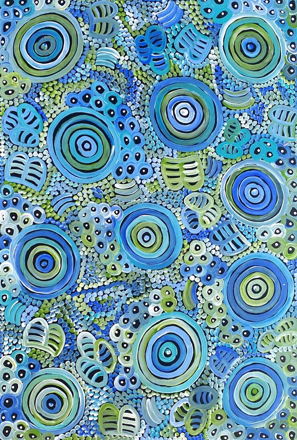 Dulcie Long Pula 'Awelye-Atnwengerrp (Body Paint)' painting 90x60cm Blues Greens