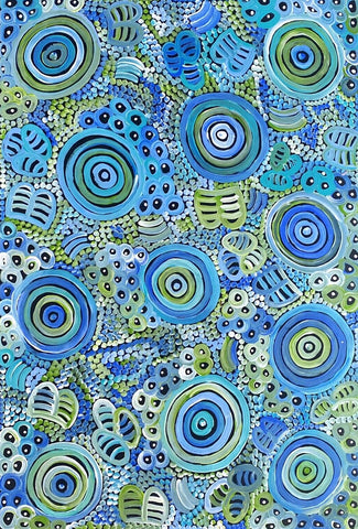 Dulcie Long Pula 'Awelye-Atnwengerrp (Body Paint)' painting 90x60cm Blues Greens