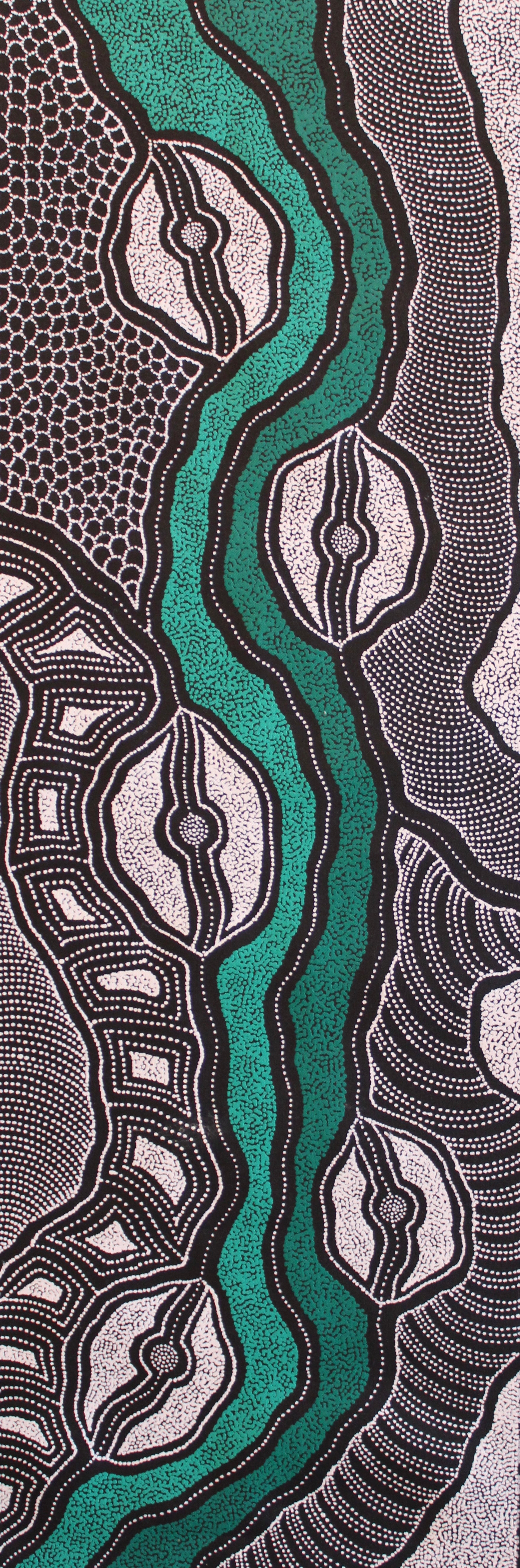 Delvine Pitjara 'My Country' painting 90x30cm White Greens