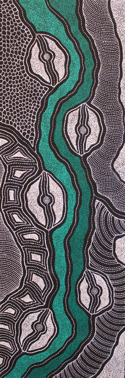 Delvine Pitjara 'My Country' painting 90x30cm White Greens