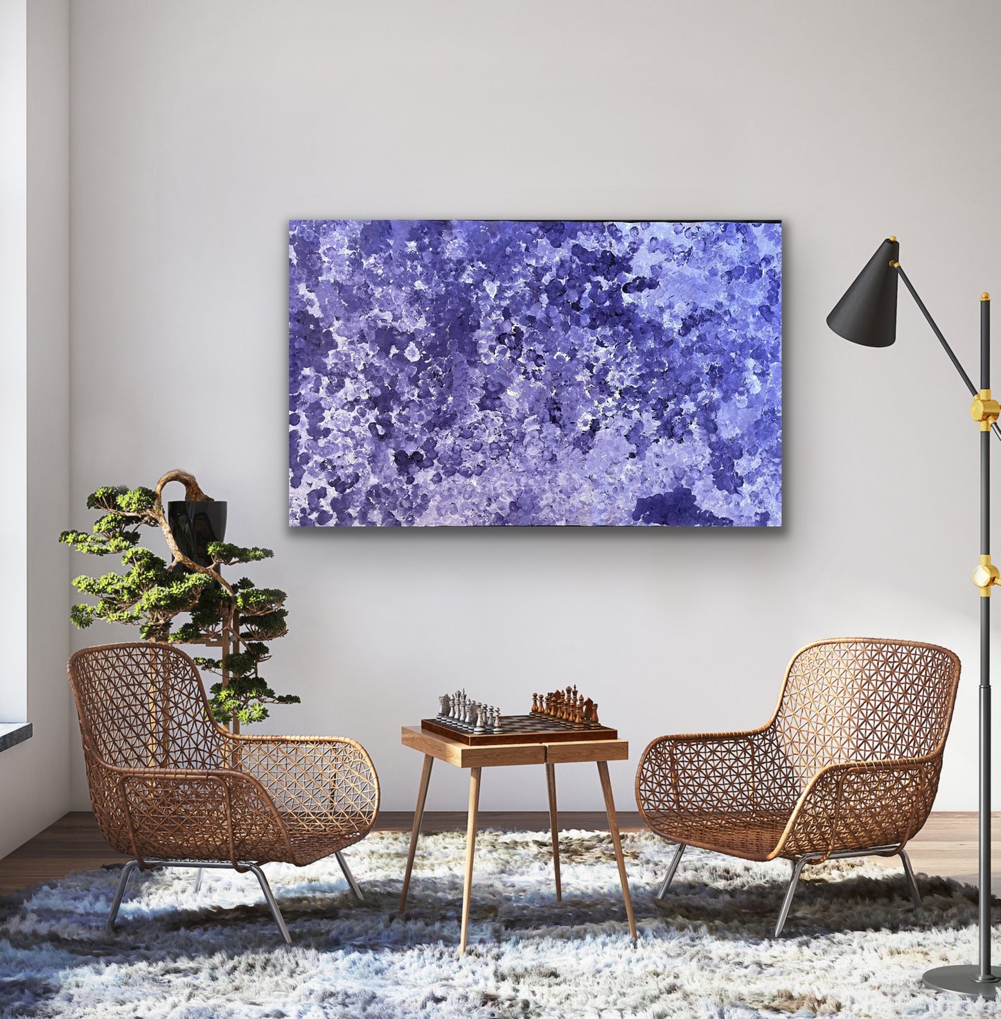 A canvas painting featuring an abstract pattern of purple tones, representing the 'Bush Plum Dreaming' artwork by Polly Ngale.