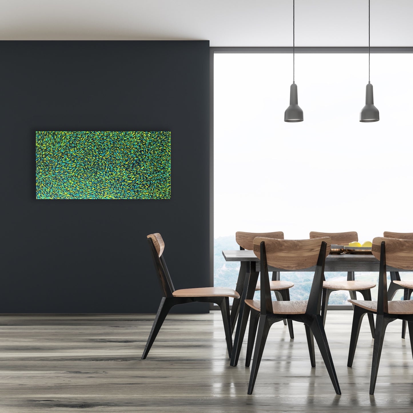 A painting by Gloria Petyarre featuring bush medicine leaves in green, aqua and yellow on a black wall in a dining room.