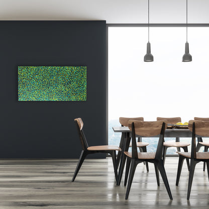 A painting by Gloria Petyarre featuring bush medicine leaves in green, aqua and yellow on a black wall in a dining room.
