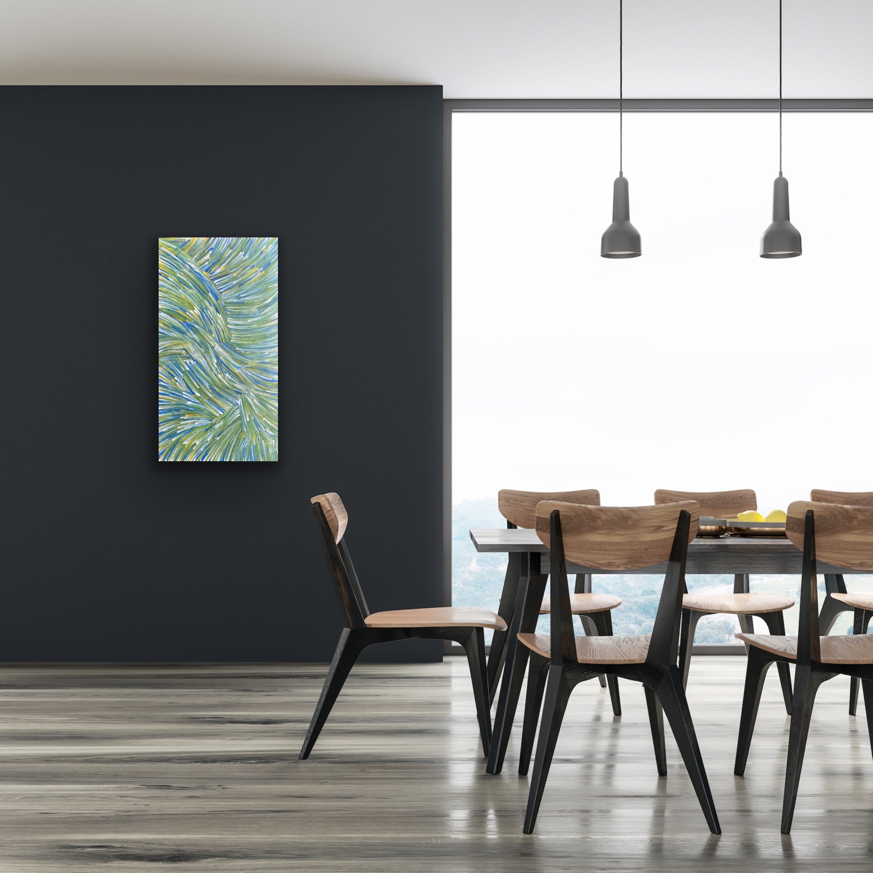 A pencil yam painting by Jedda Purvis Kngwarreye showing vibrant green, blue and yellow lines in flowing, traditional patterns.