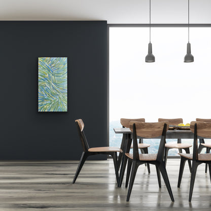 A pencil yam painting by Jedda Purvis Kngwarreye showing vibrant green, blue and yellow lines in flowing, traditional patterns.