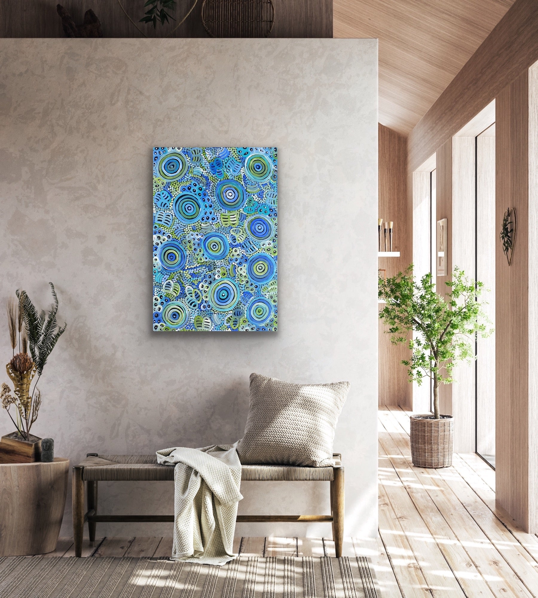 Dulcie Long Pula 'Awelye-Atnwengerrp (Body Paint)' painting 90x60cm Blues Greens